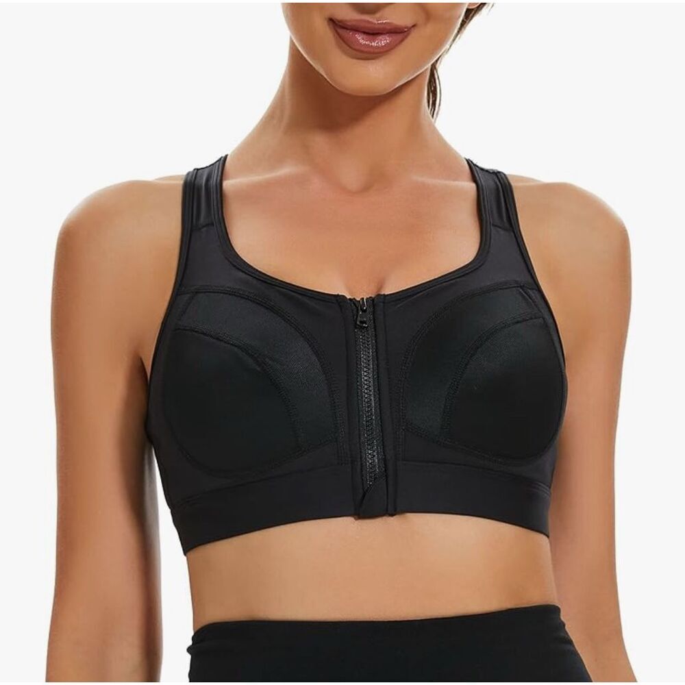 NEW Black Full Coverage Maximum Impact Zip Front Sports Bra Adj Straps L